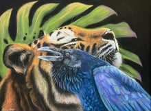 Load image into Gallery viewer, Pastel painting of a tiger and a raven with monstera leaves in the background

